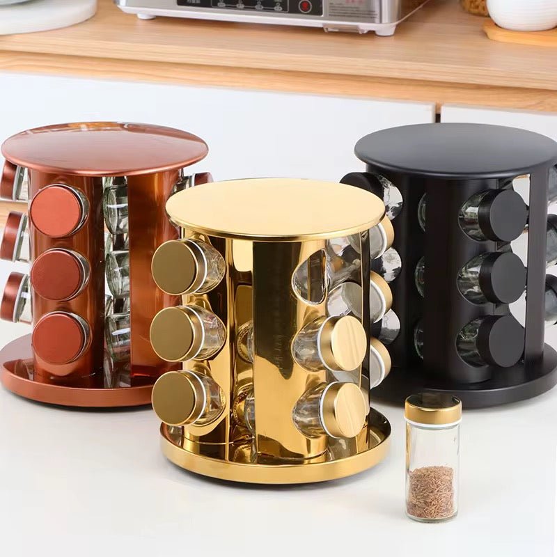 360 Rotating Gold Glass Spice Rack - 12 Jars - Home Phase