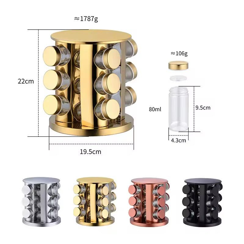 360 Rotating Gold Glass Spice Rack - 12 Jars - Home Phase