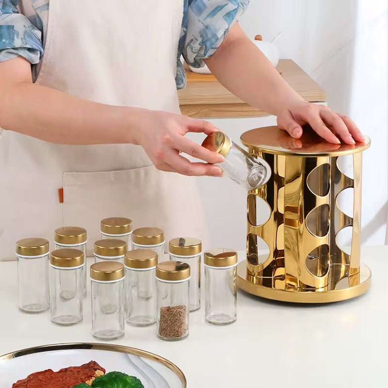 360 Rotating Gold Glass Spice Rack - 12 Jars - Home Phase