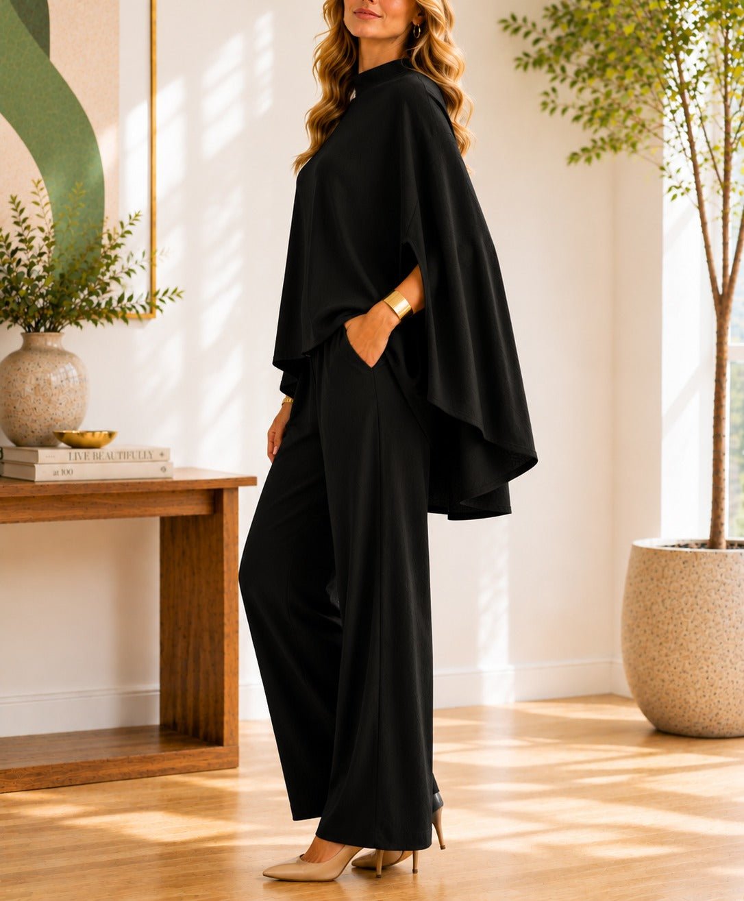 Black Cape Sleeve Pants Two Piece Set- New Feeling - StylePhase SA
