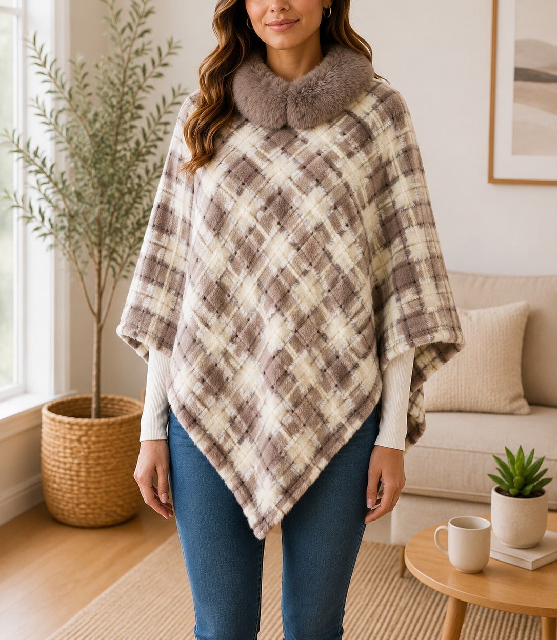 Ladies Beige & Cream Fur Collar Poncho - StylePhase SA