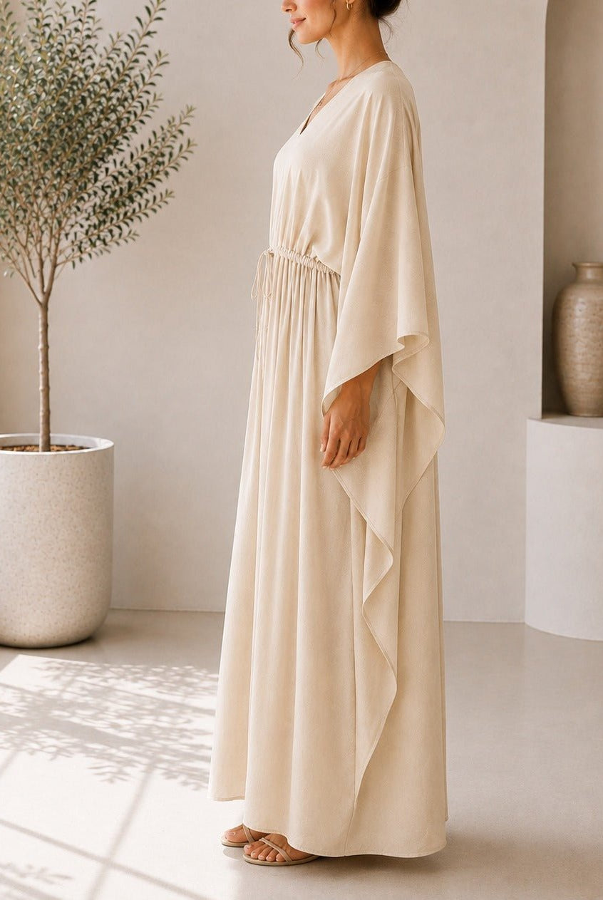 Ladies Beige Drawstring V-Neck Kaftan - StylePhase SA