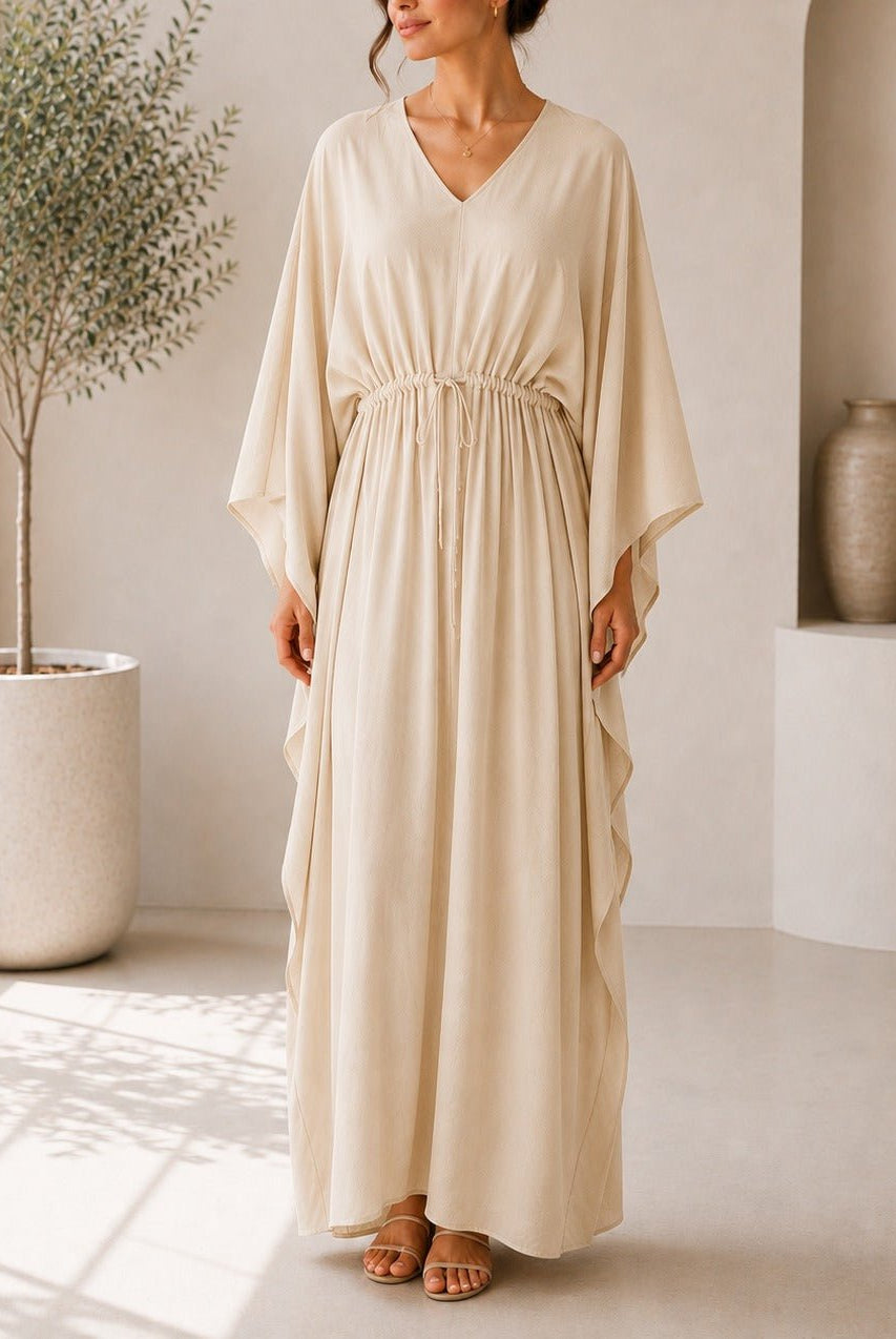Ladies Beige Drawstring V-Neck Kaftan - StylePhase SA