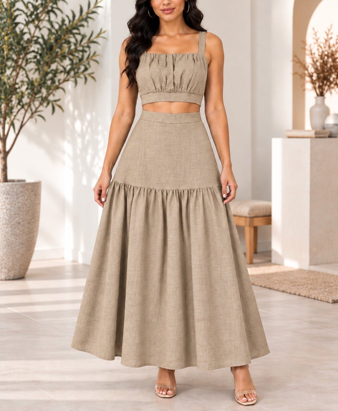 Ladies Beige Maxi Tier Two-Piece Set - StylePhase SA