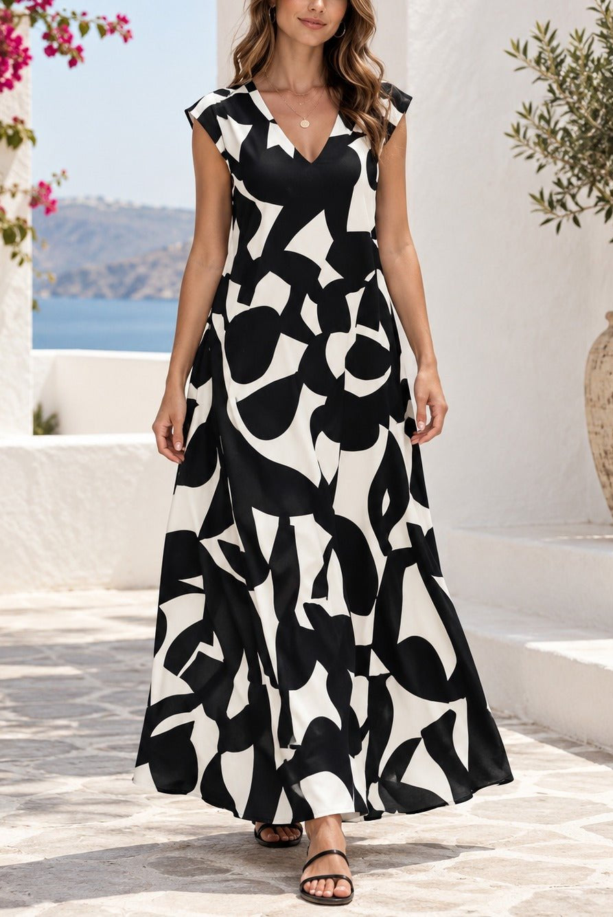 Ladies Black And White Cap Sleeve Maxi Dress - StylePhase SA