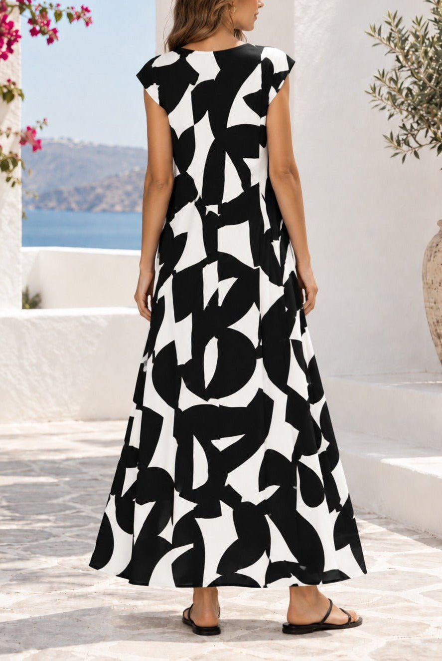 Ladies Black And White Cap Sleeve Maxi Dress - StylePhase SA