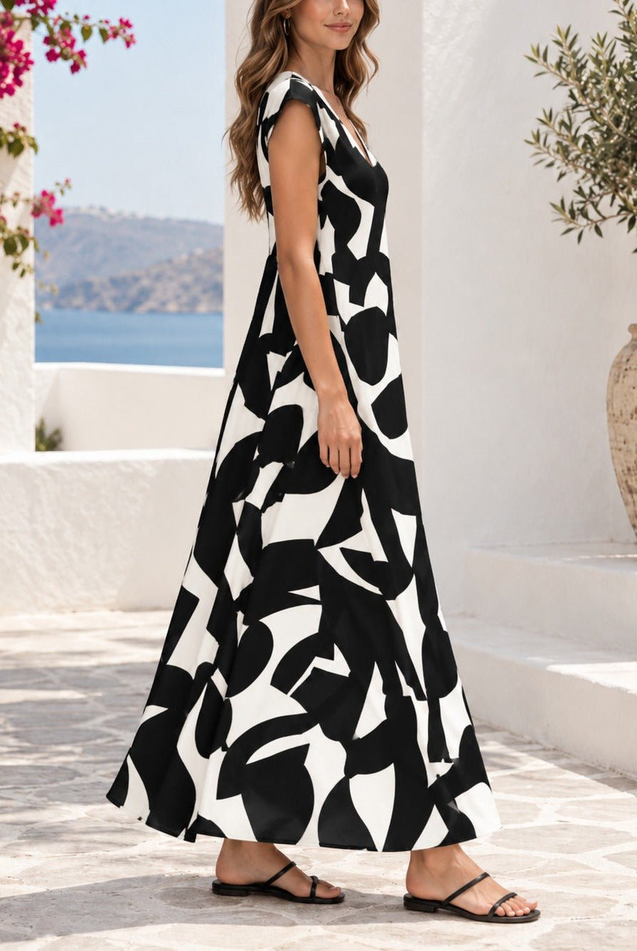 Ladies Black And White Cap Sleeve Maxi Dress - StylePhase SA