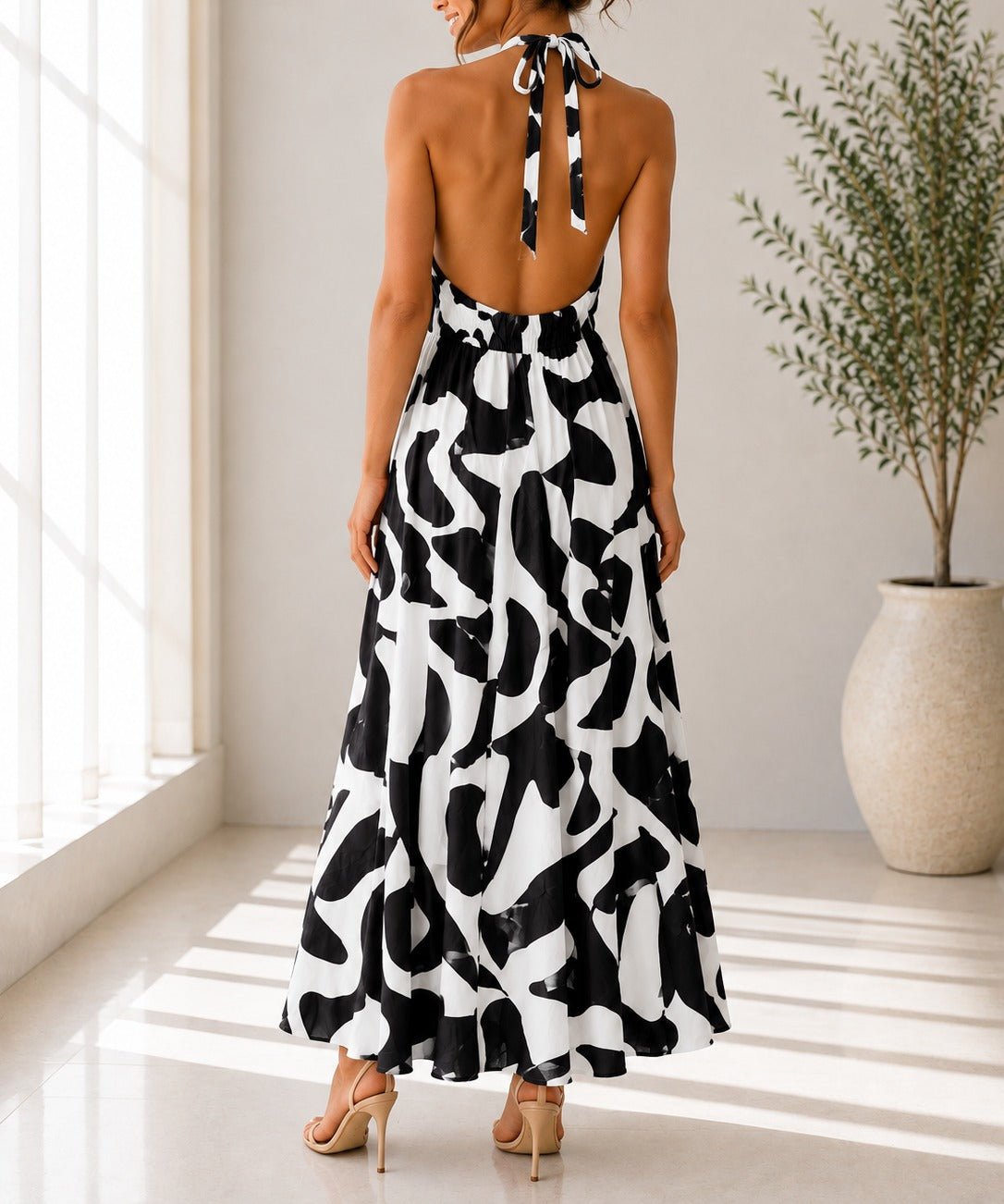Ladies Black And White Halter Neck Printed Maxi Dress - StylePhase SA