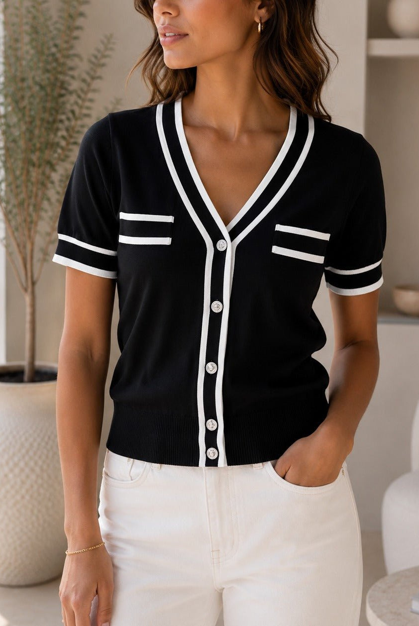Ladies Black Contrast Trim Button Front Knit Cardigan - StylePhase SA