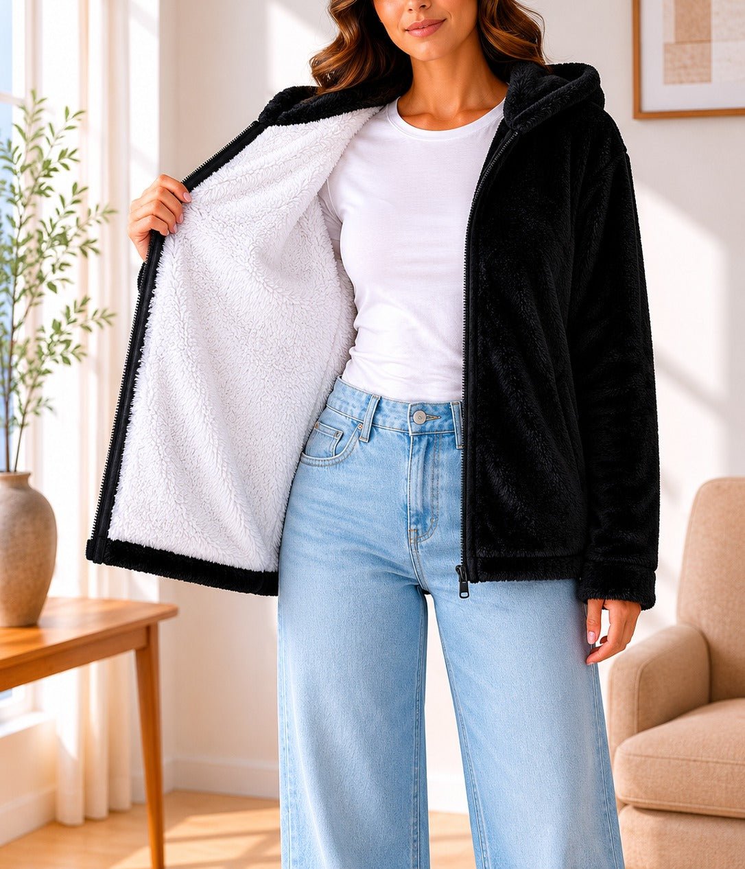 Ladies Black Faux Fur Zip Hoody Jacket - StylePhase SA