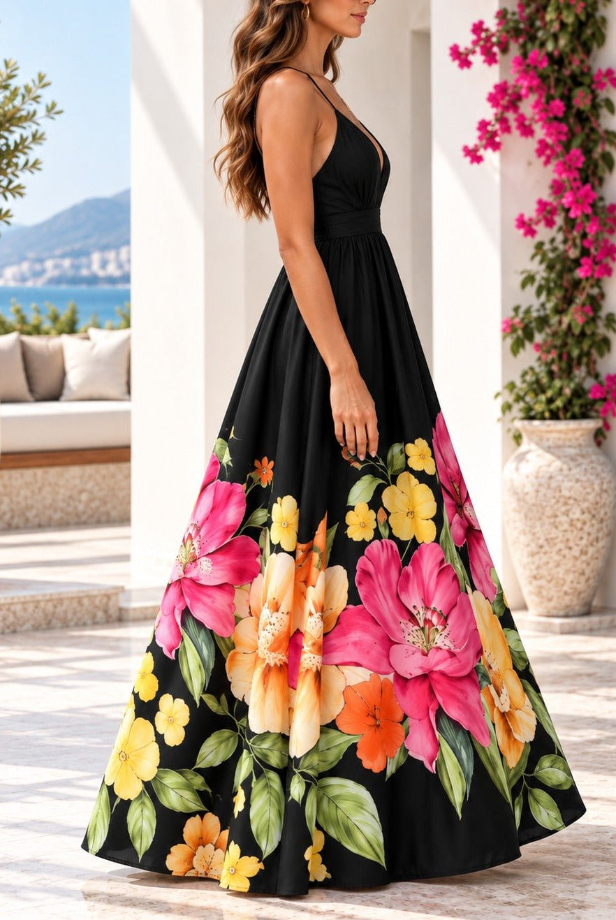 Ladies Black Floral Deep V-Neck Maxi Dress - StylePhase SA