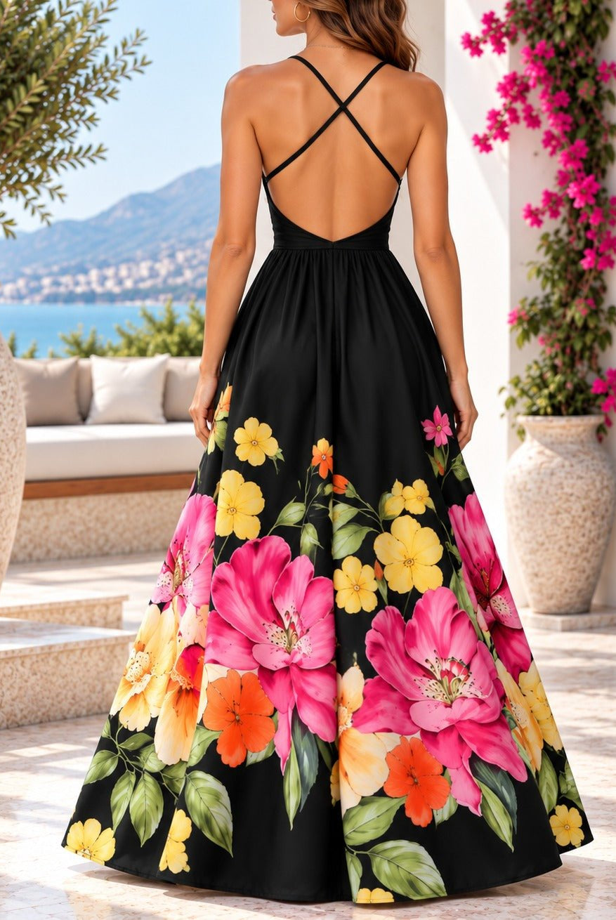 Ladies Black Floral Deep V-Neck Maxi Dress - StylePhase SA