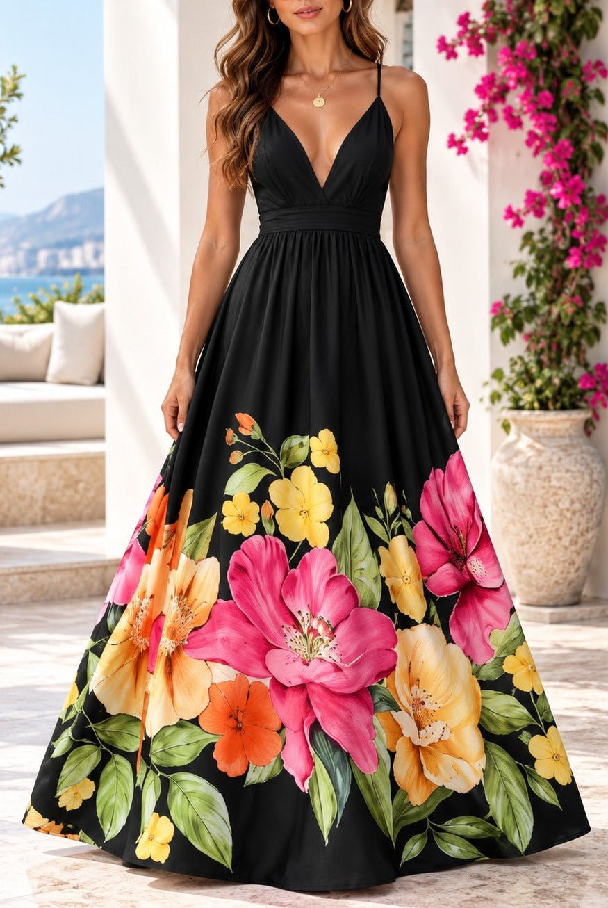 Ladies Black Floral Deep V-Neck Maxi Dress - StylePhase SA
