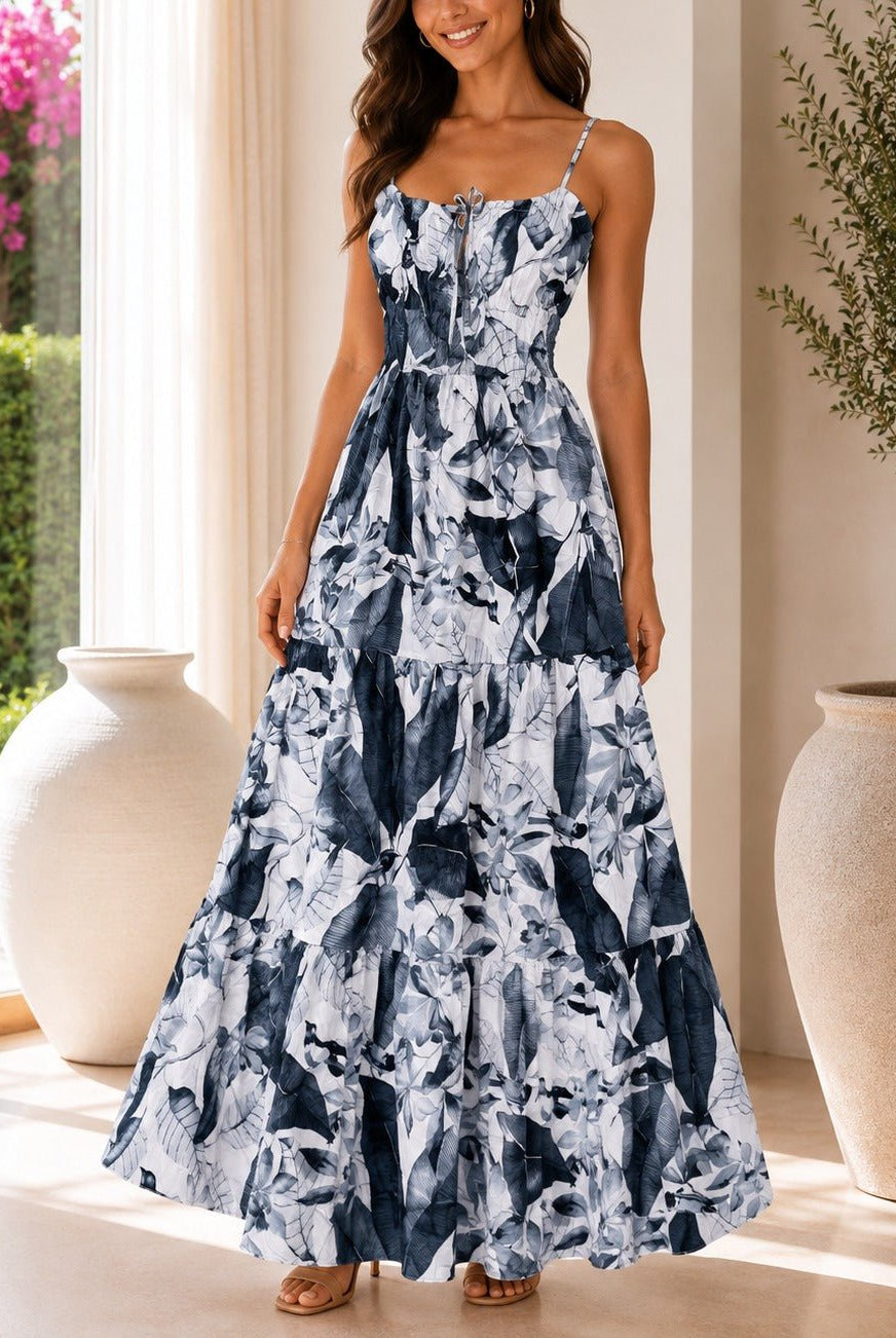 Ladies Black Floral Print Tie Front Maxi Dress - StylePhase SA