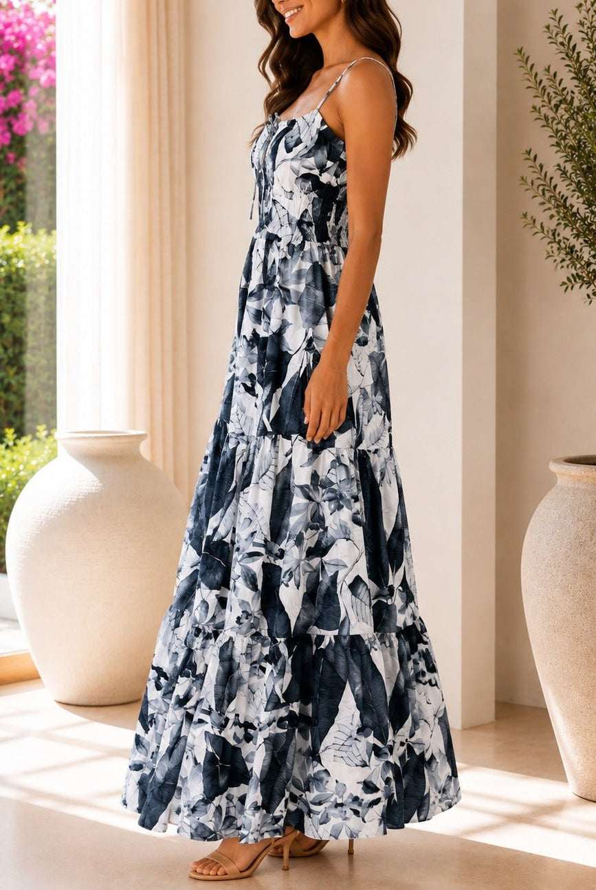 Ladies Black Floral Print Tie Front Maxi Dress - StylePhase SA