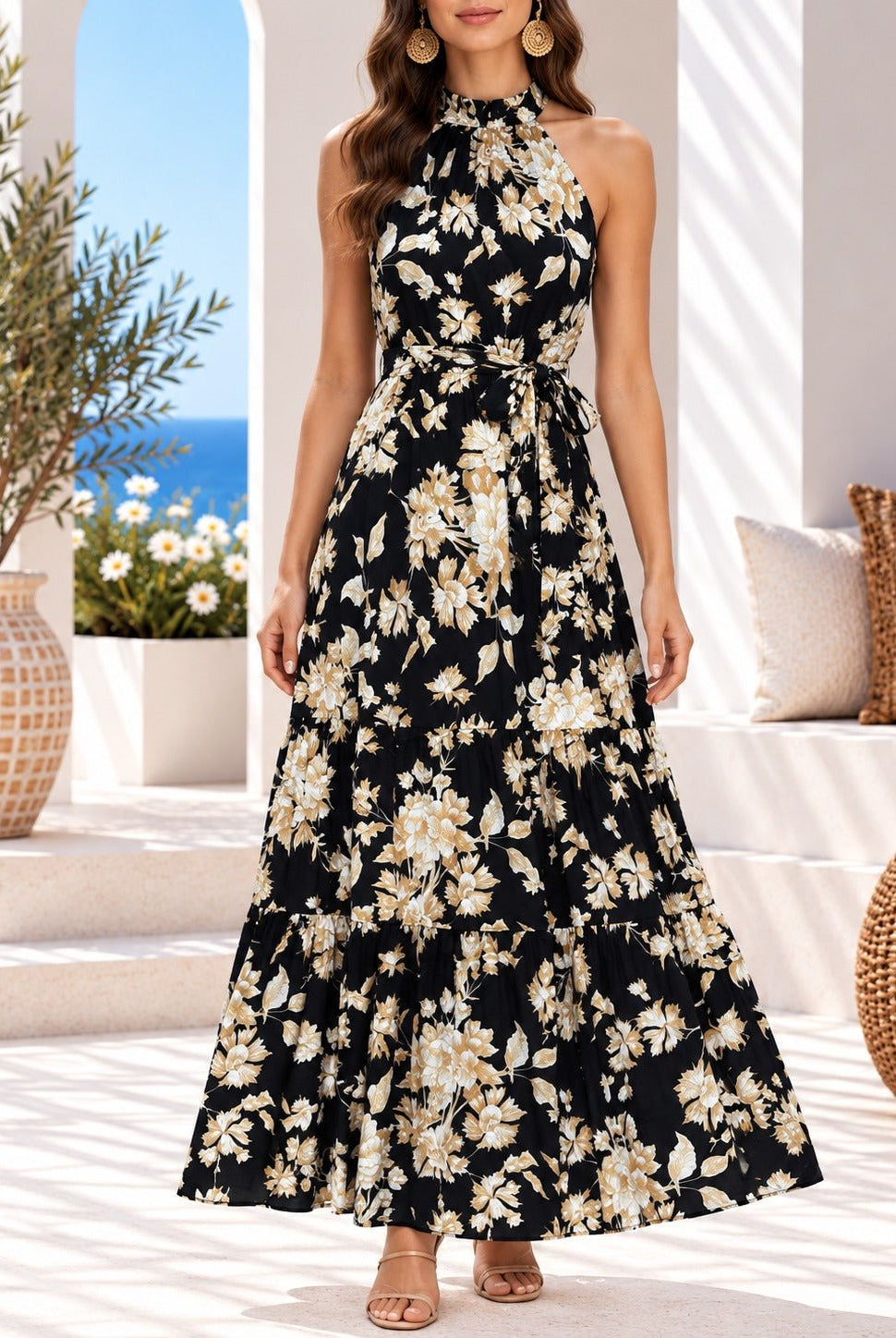 Ladies Black Floral Print Tie-Waist Maxi Dress - StylePhase SA