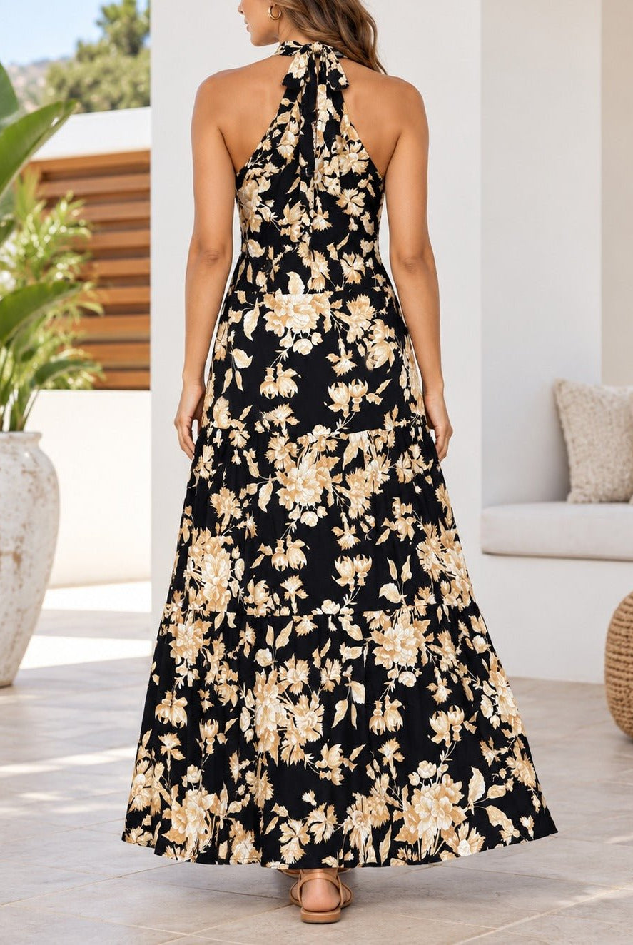 Ladies Black Floral Print Tie-Waist Maxi Dress - StylePhase SA