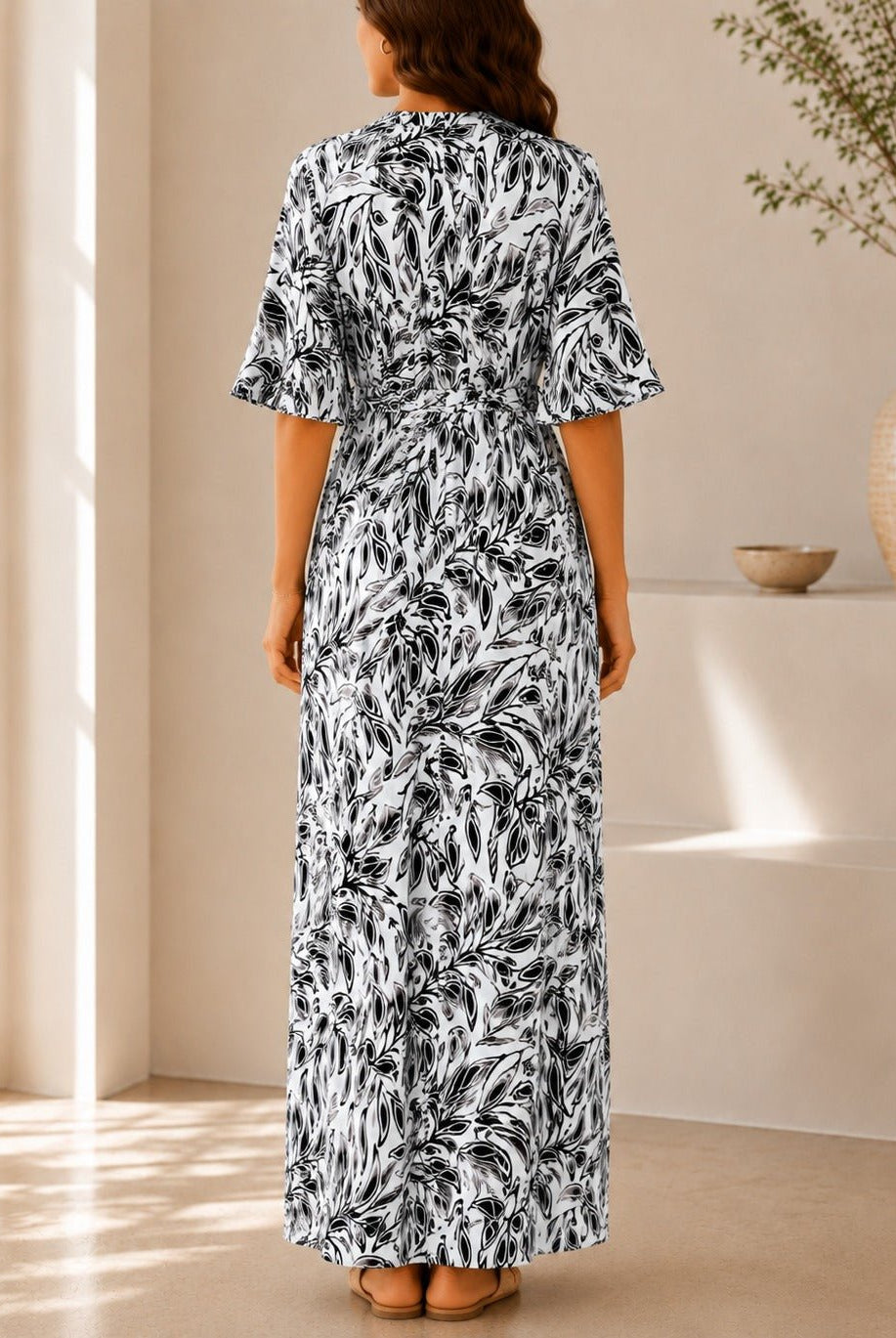 Ladies Black Leaf Print Ruffle Sleeve Dress - StylePhase SA
