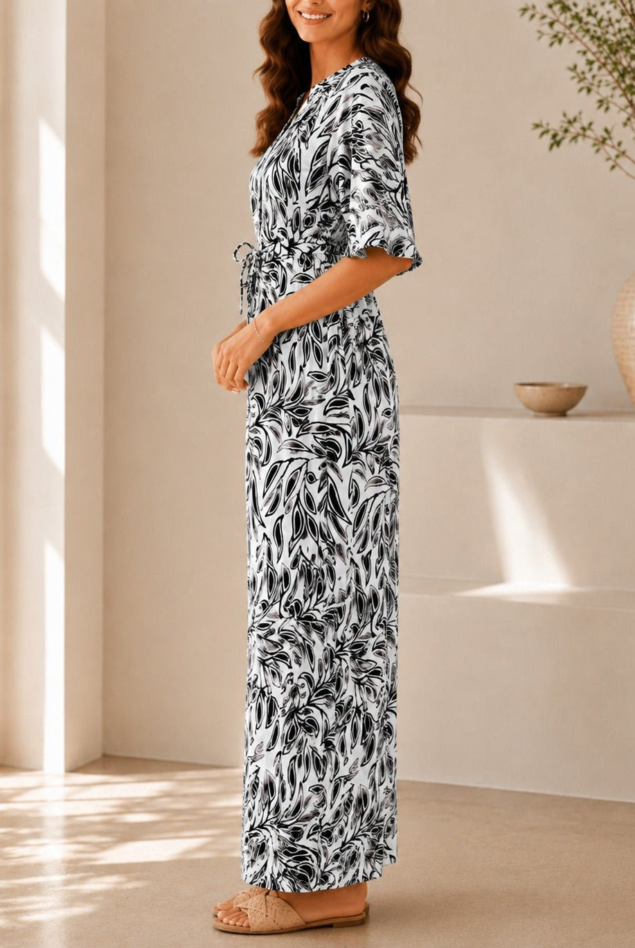 Ladies Black Leaf Print Ruffle Sleeve Dress - StylePhase SA