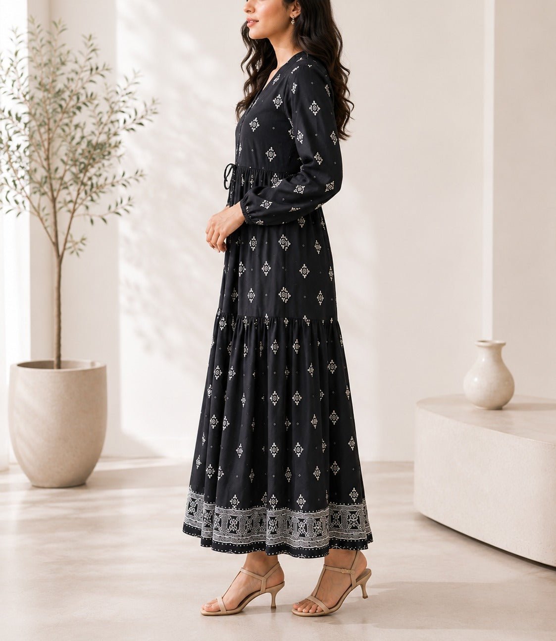Ladies Black Long Sleeve Tie Front Tier Dress - StylePhase SA