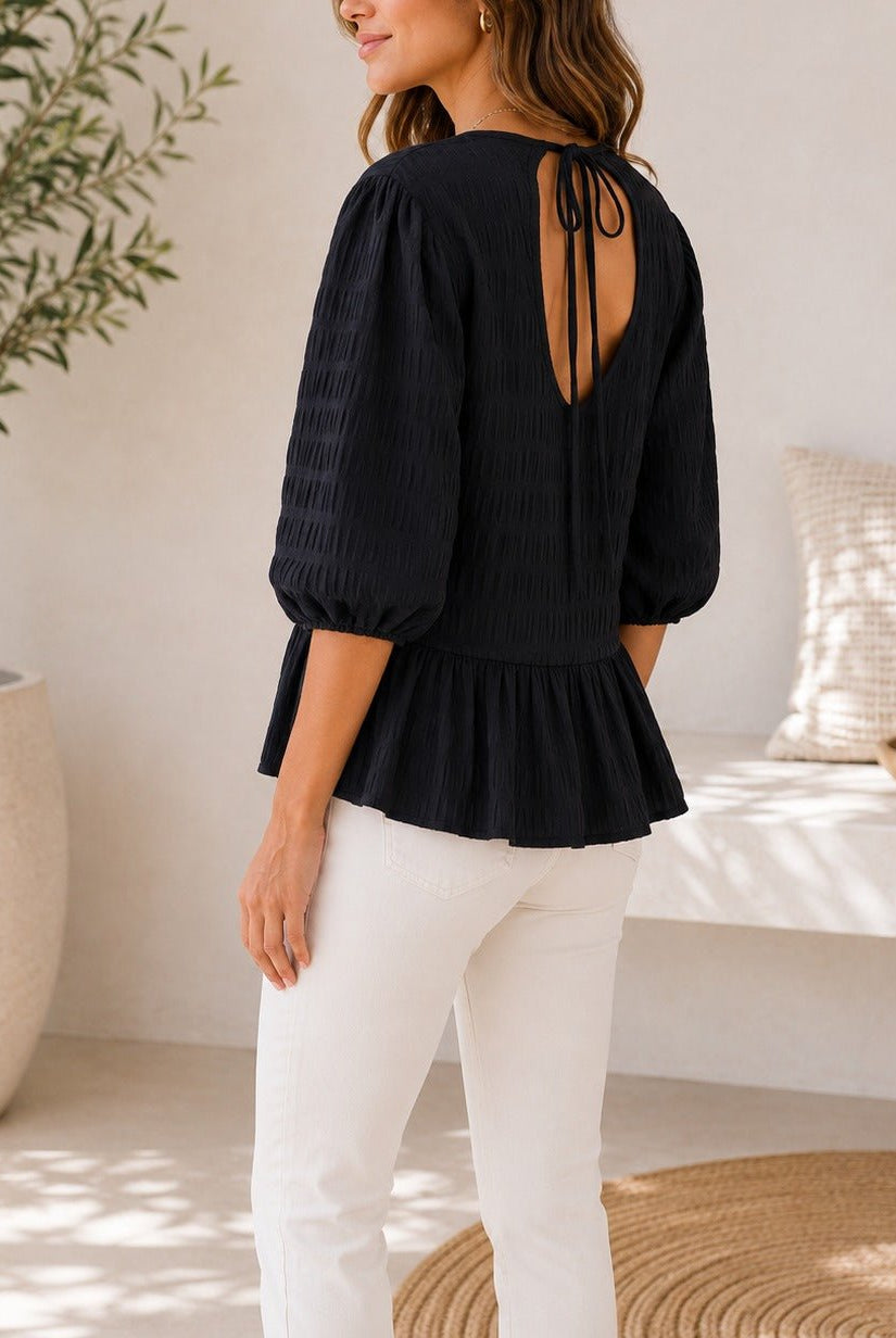 Ladies Black Peplum Puff Sleeve Top - StylePhase SA