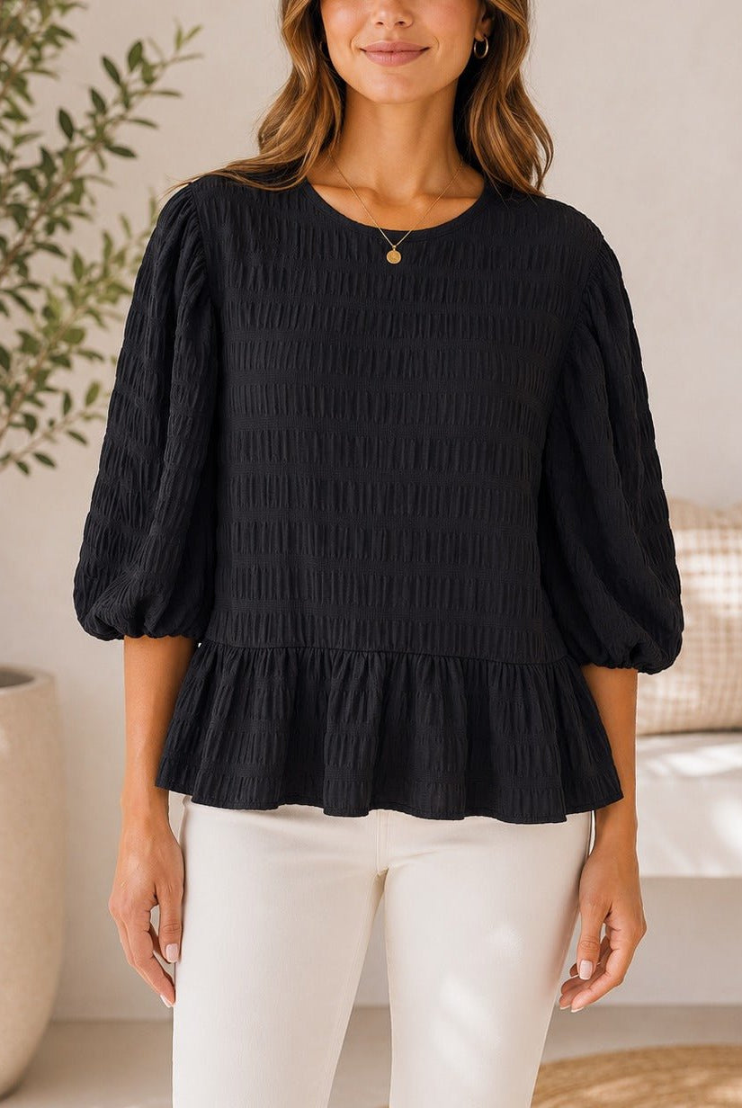 Ladies Black Peplum Puff Sleeve Top - StylePhase SA