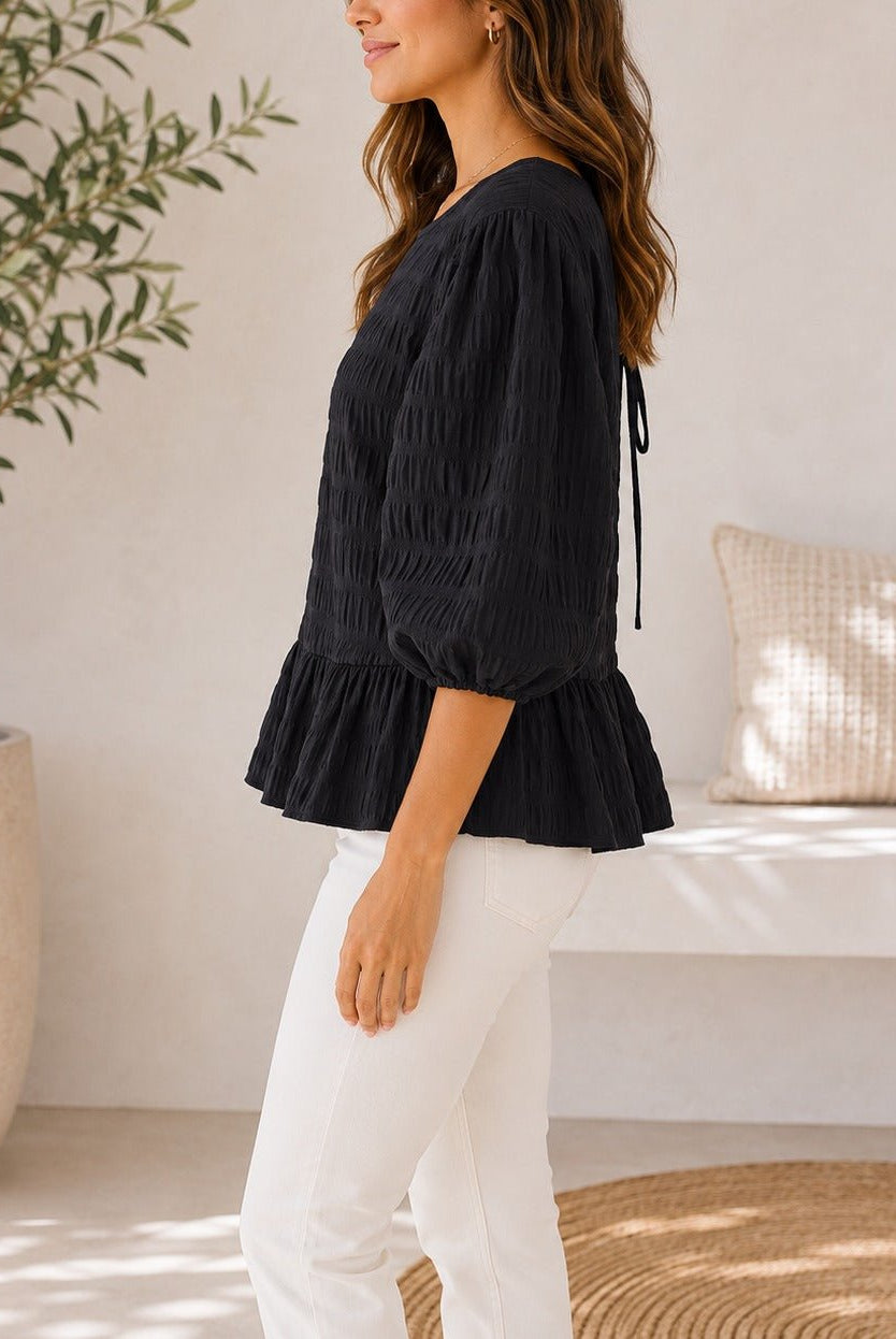 Ladies Black Peplum Puff Sleeve Top - StylePhase SA