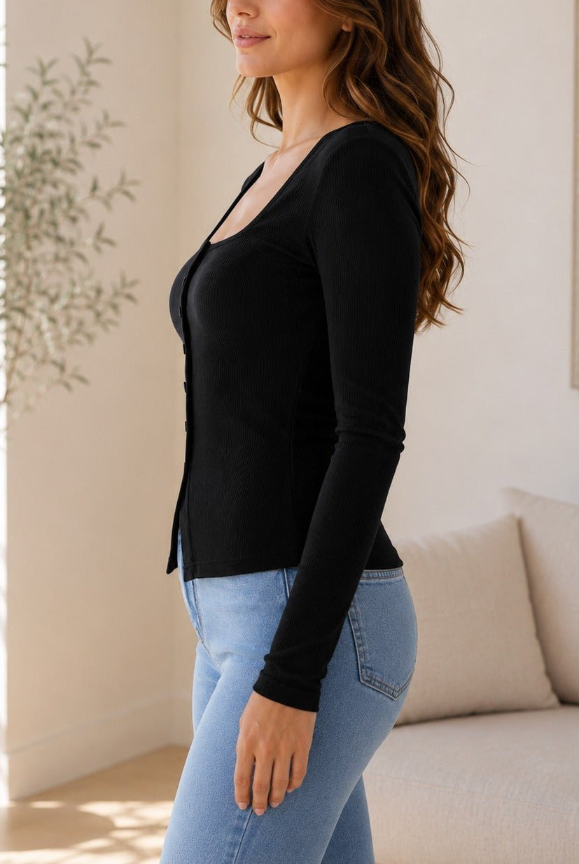 Ladies Black Square Neck Button Knit Cardigan - StylePhase SA