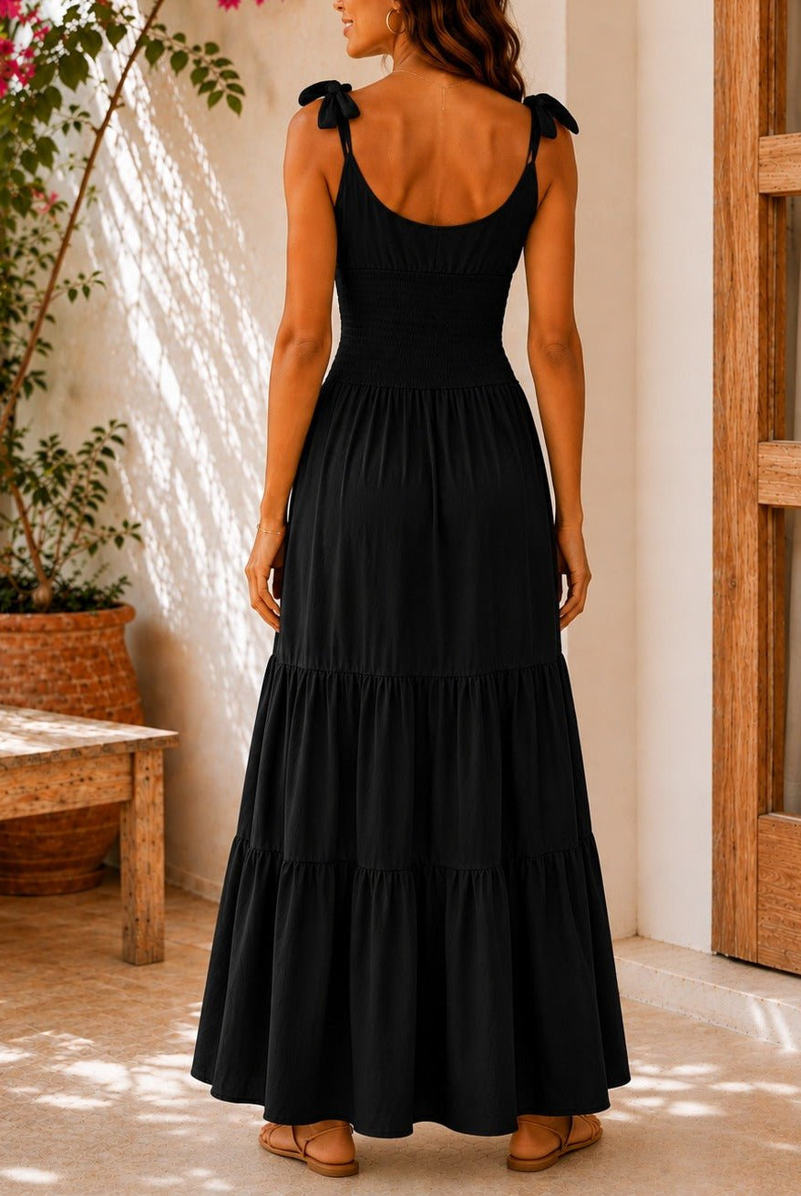 Ladies Black Tie Shoulder Tiered Maxi Dress - StylePhase SA