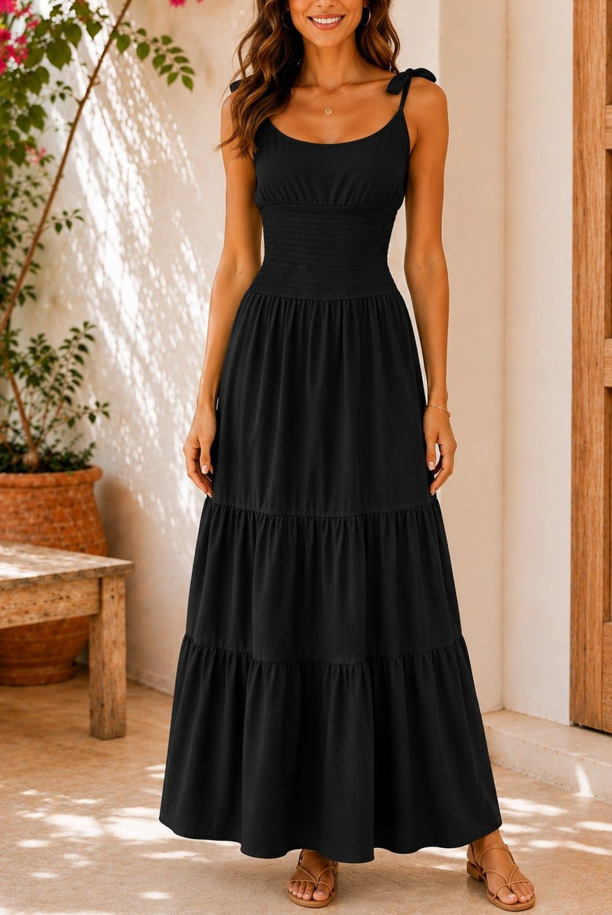 Ladies Black Tie Shoulder Tiered Maxi Dress - StylePhase SA