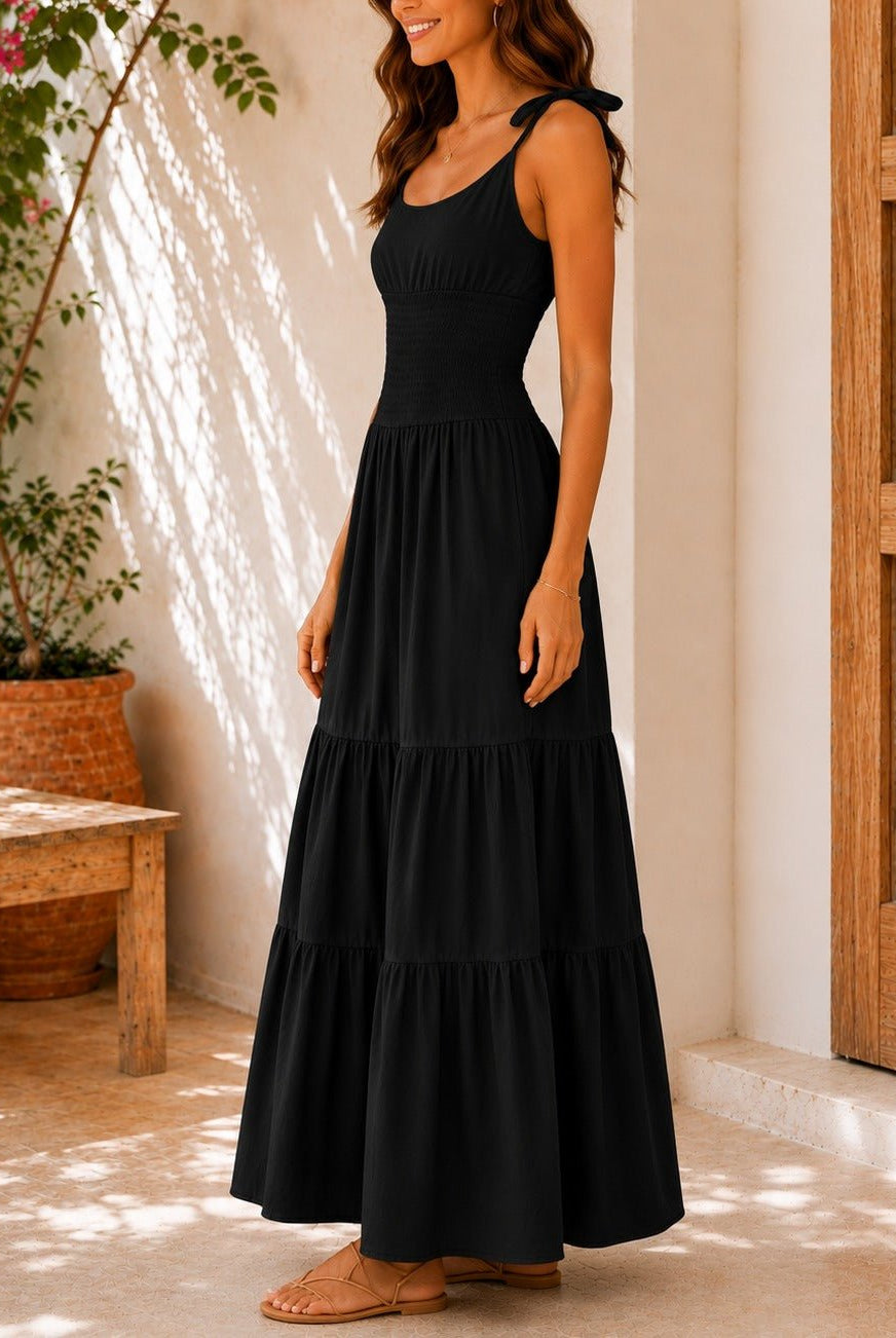 Ladies Black Tie Shoulder Tiered Maxi Dress - StylePhase SA