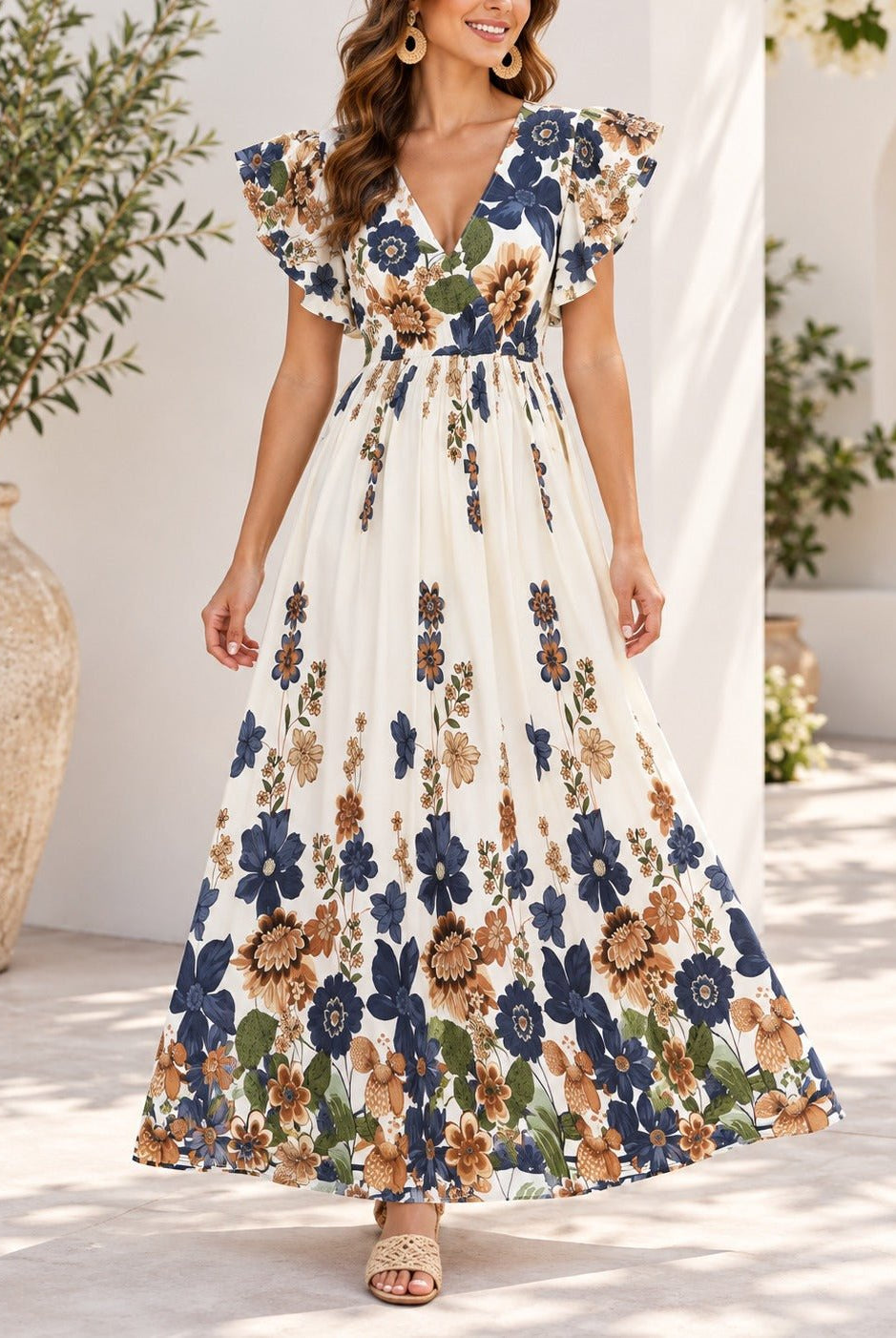 Ladies Blue And Cream Floral Print Flutter Sleeve Dress - StylePhase SA