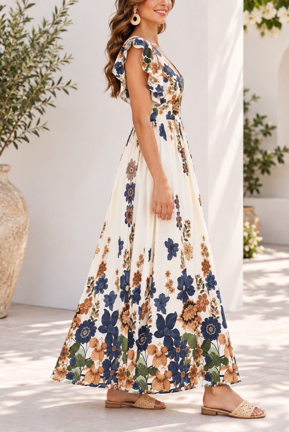 Ladies Blue And Cream Floral Print Flutter Sleeve Dress - StylePhase SA