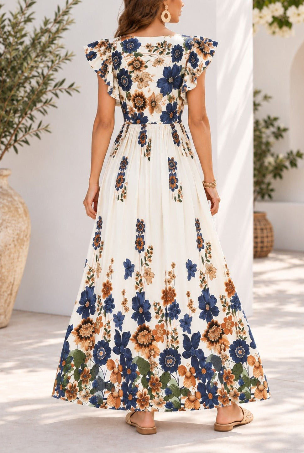 Ladies Blue And Cream Floral Print Flutter Sleeve Dress - StylePhase SA