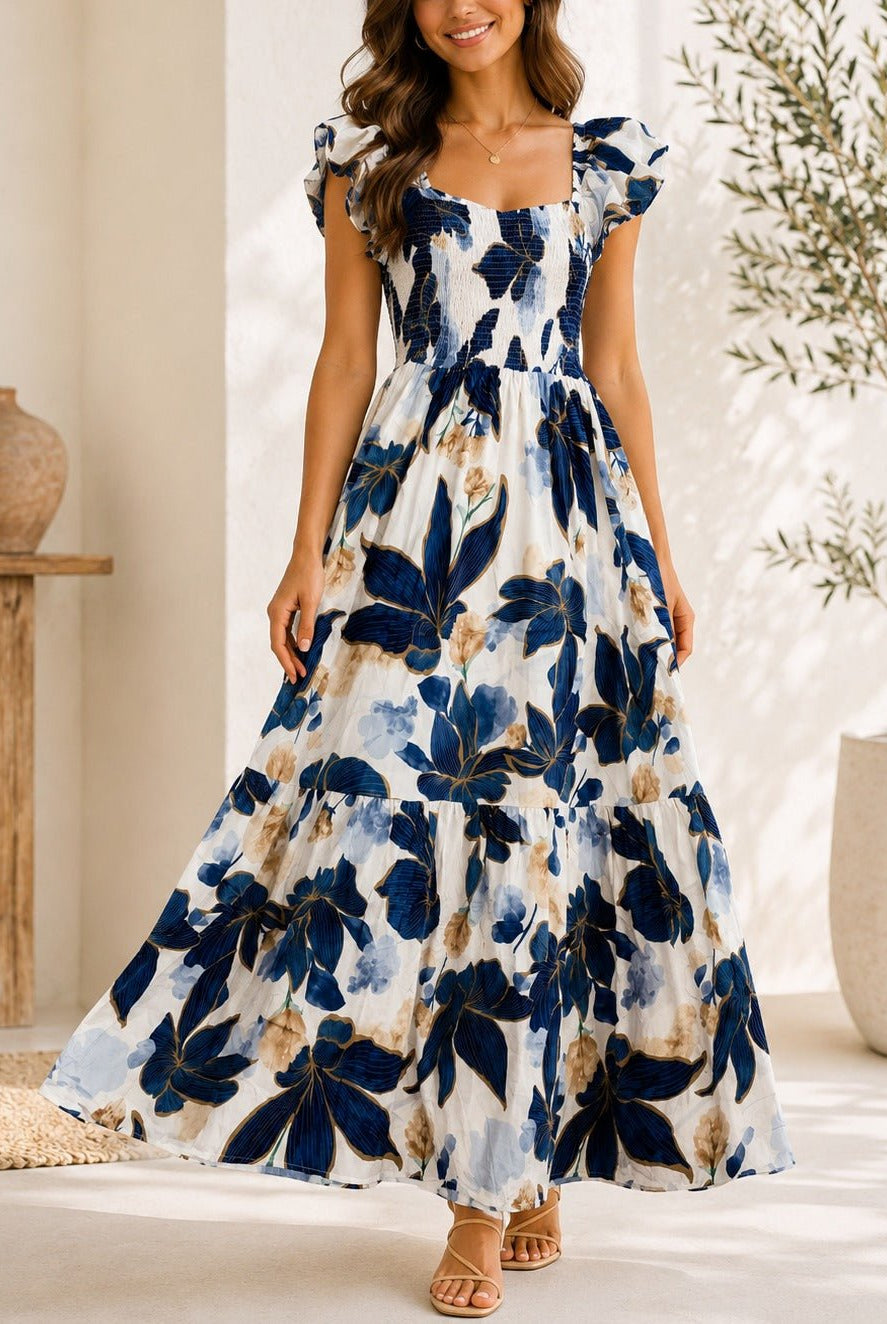 Ladies Blue Cap Sleeve Floral Dress - StylePhase SA