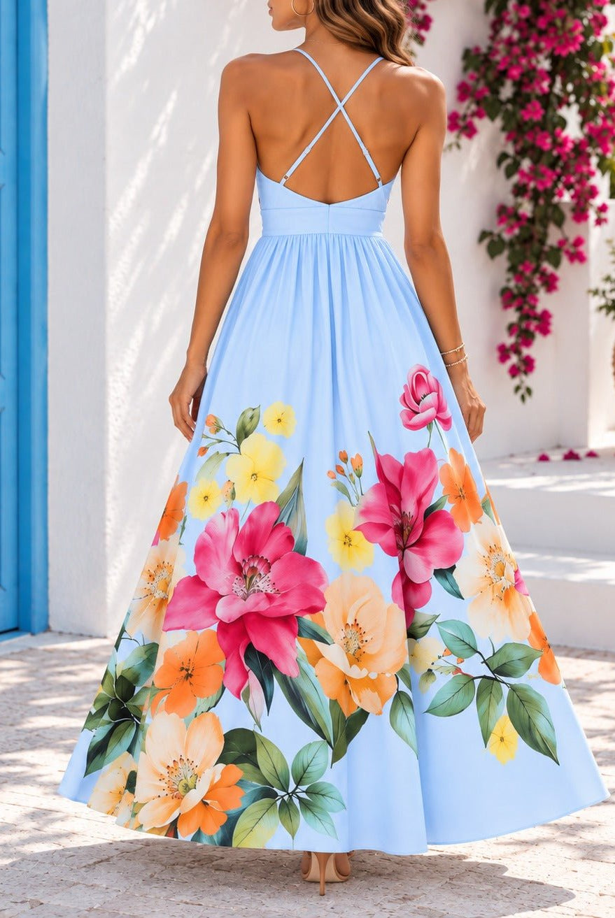 Ladies Blue Floral Deep V-Neck Maxi Dress - StylePhase SA