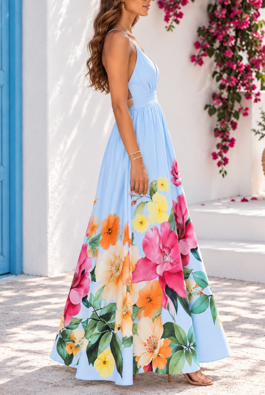 Ladies Blue Floral Deep V-Neck Maxi Dress - StylePhase SA
