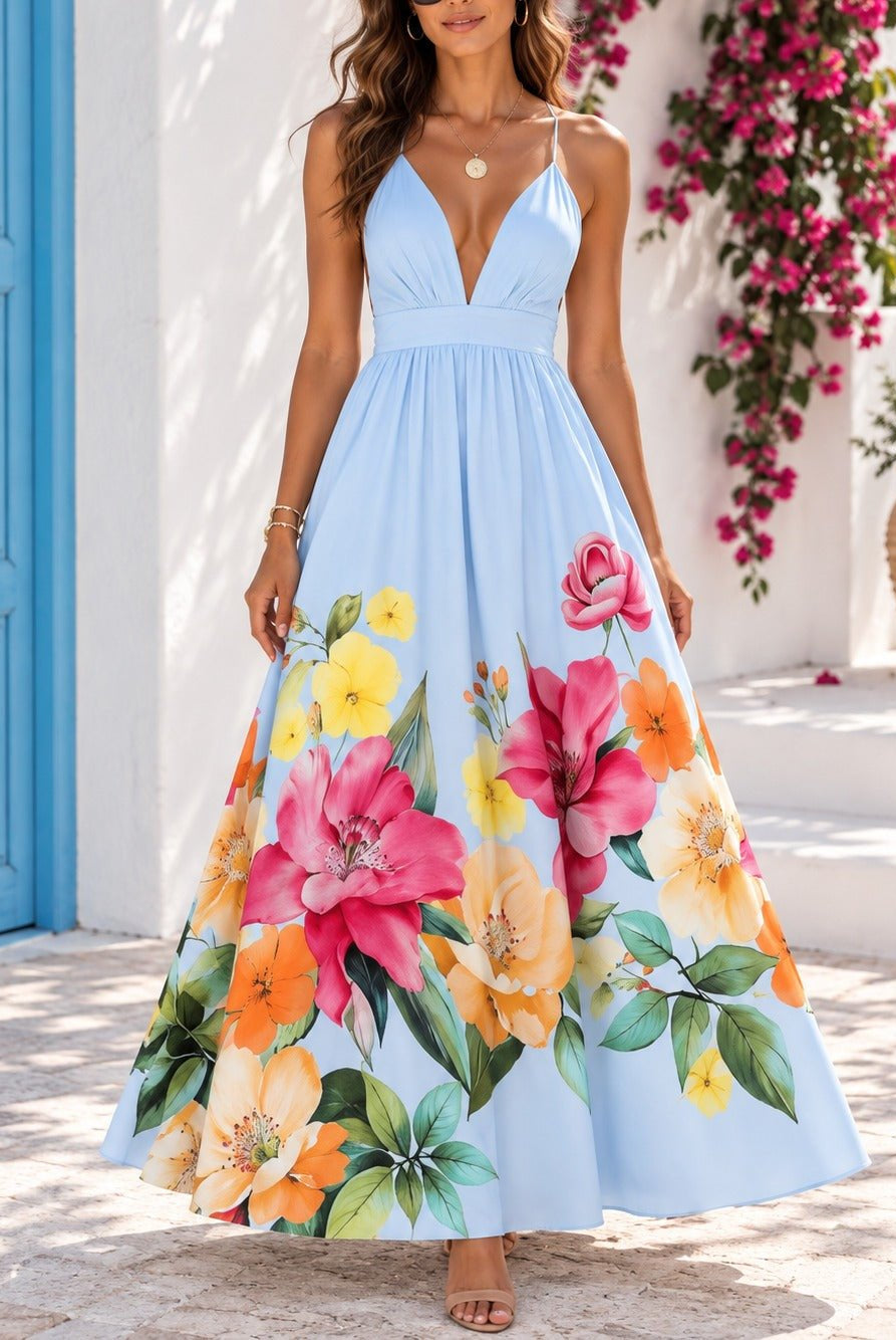 Ladies Blue Floral Deep V-Neck Maxi Dress - StylePhase SA