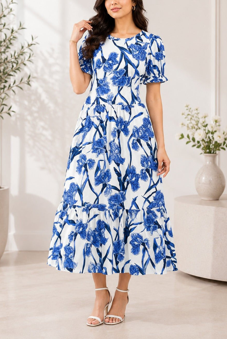Ladies Blue Floral Midi Tier Dress - StylePhase SA
