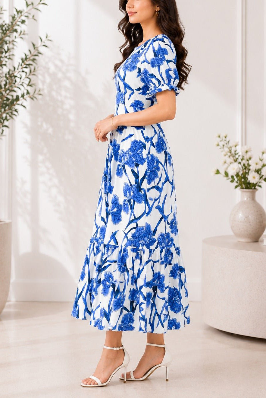 Ladies Blue Floral Midi Tier Dress - StylePhase SA