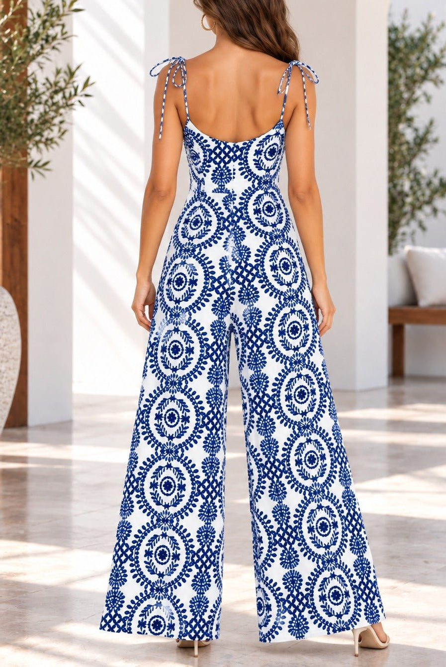 Ladies Blue Medallion Print Tie Strap Jumpsuit - StylePhase SA