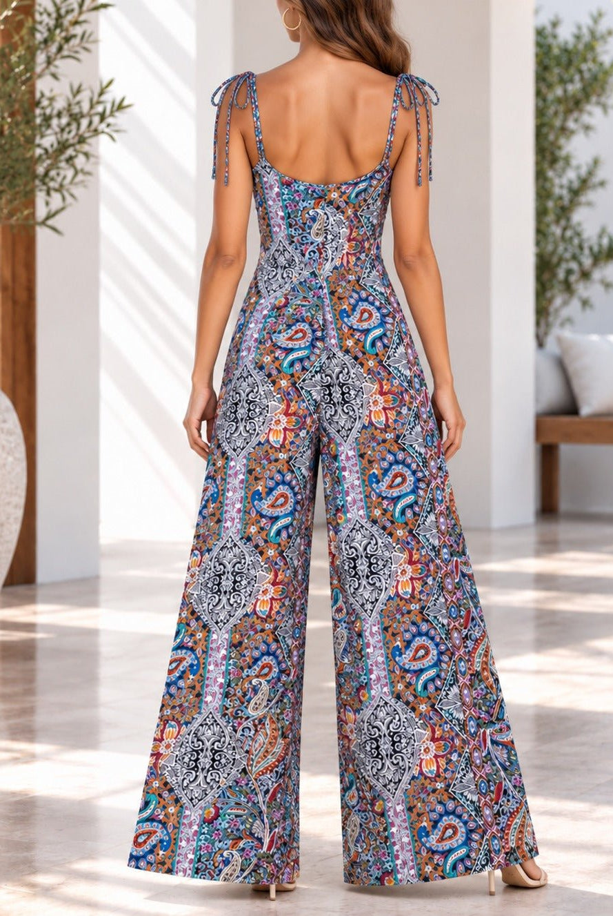 Ladies Blue Multi Color Paisley Print Tie Strap Jumpsuit - StylePhase SA
