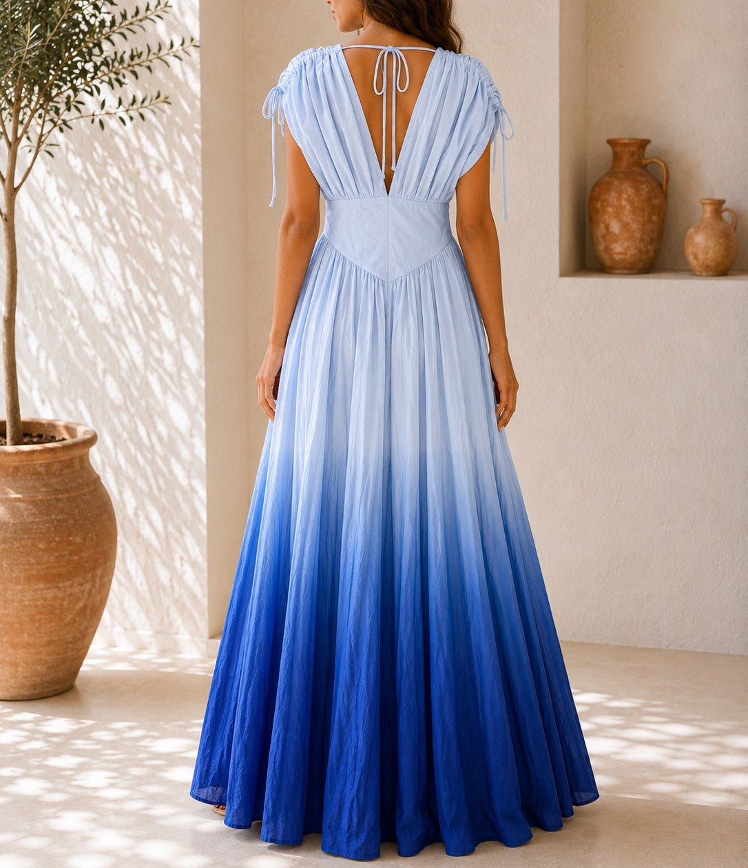 Ladies Blue Ombre Deep V-Neckline Tie Back Maxi Dress - StylePhase SA