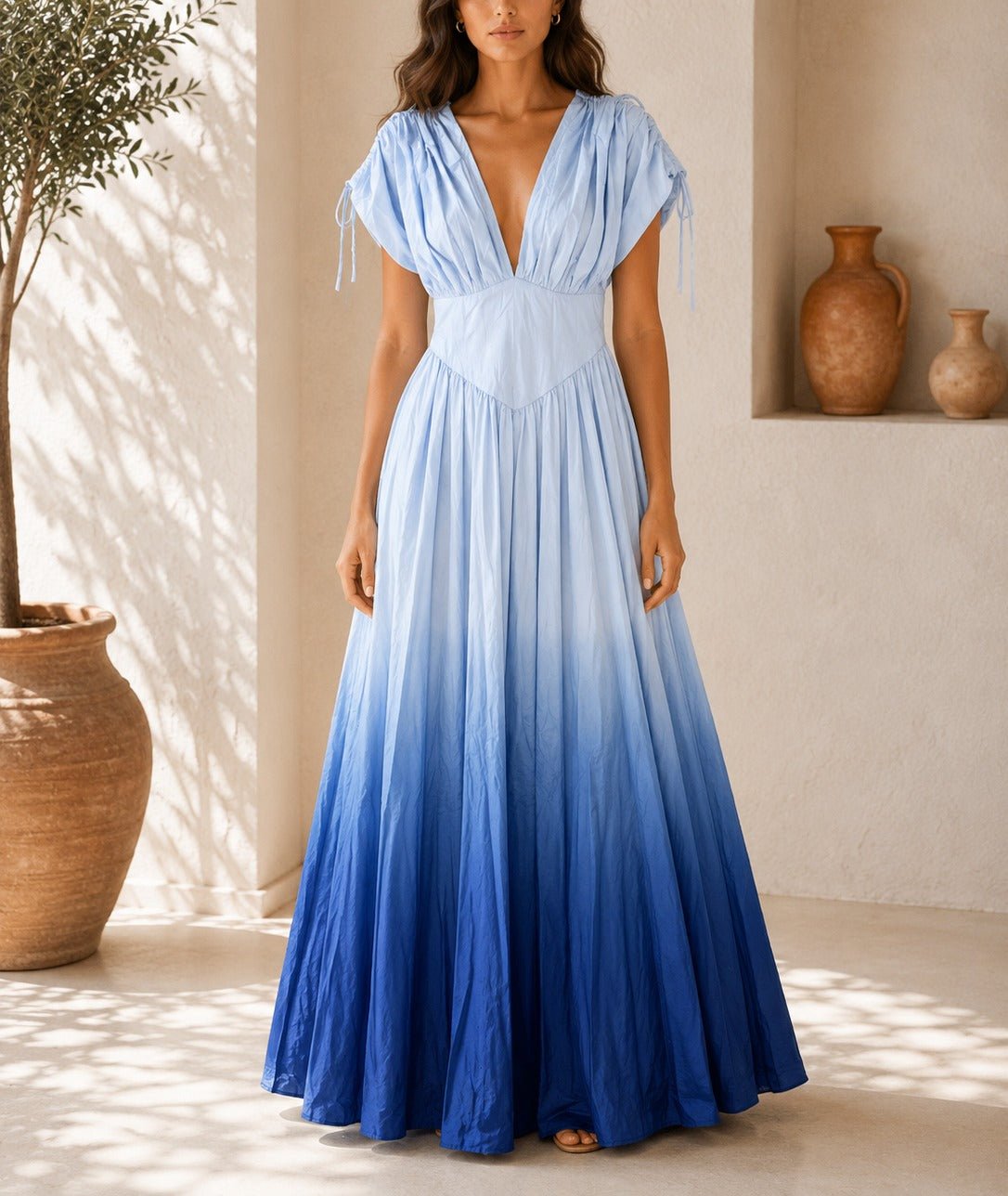 Ladies Blue Ombre Deep V-Neckline Tie Back Maxi Dress - StylePhase SA