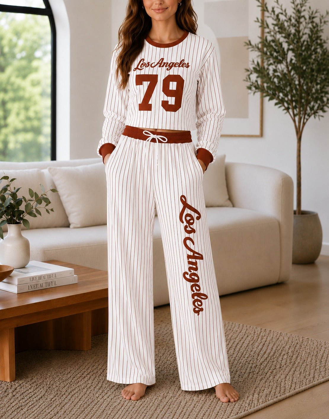 Ladies Brown Baseball Printed Two Piece Set- New Feeling - StylePhase SA