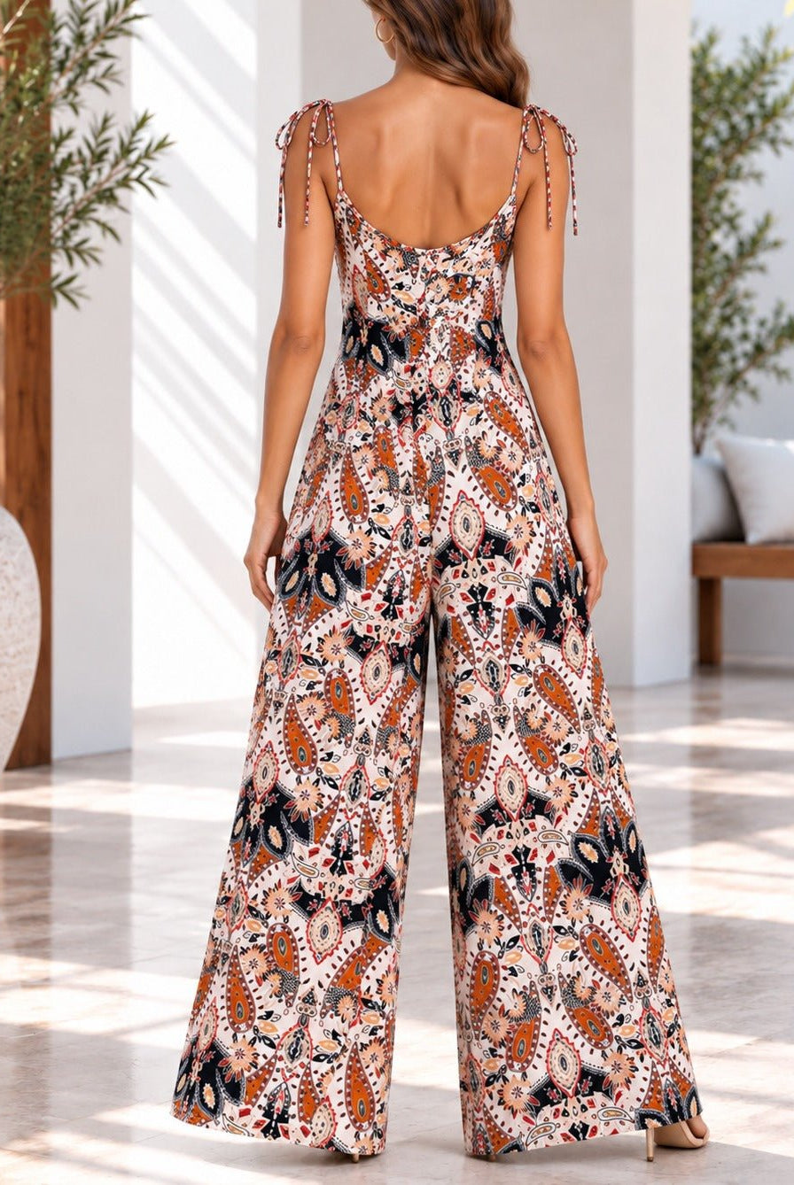 Ladies Brown Paisley Print Tie Strap Jumpsuit - StylePhase SA