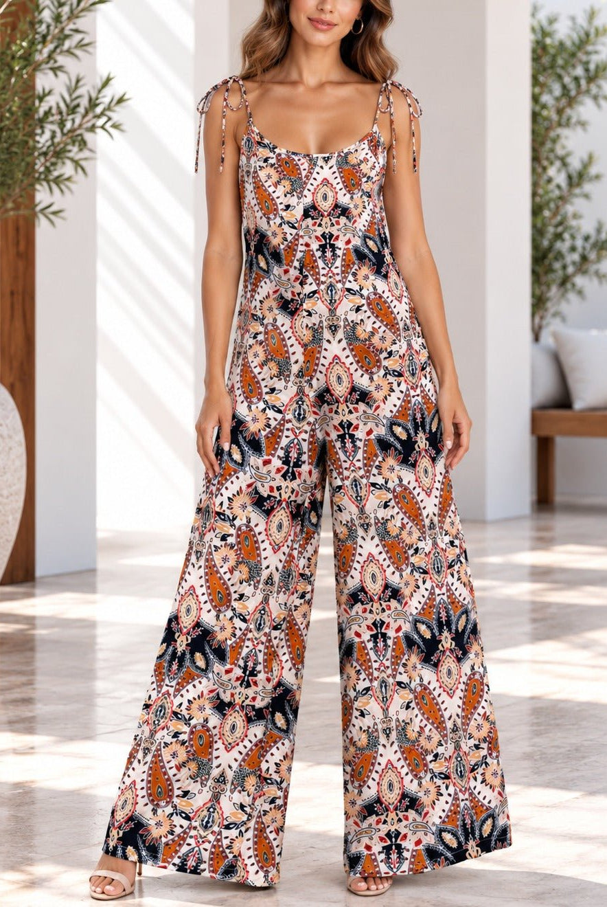 Ladies Brown Paisley Print Tie Strap Jumpsuit - StylePhase SA