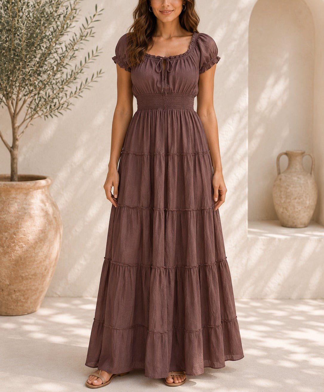 Ladies Brown Tie Front Tier Dress - StylePhase SA