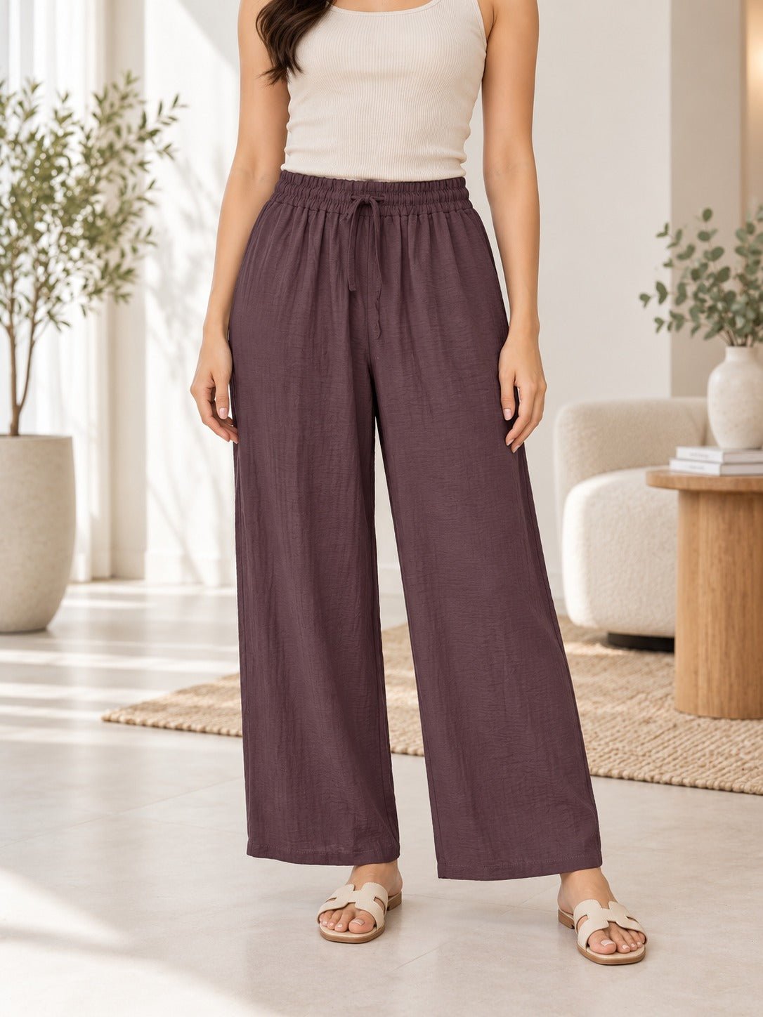 Ladies Brown Wide Leg Drawstring Pocket Pants - StylePhase SA