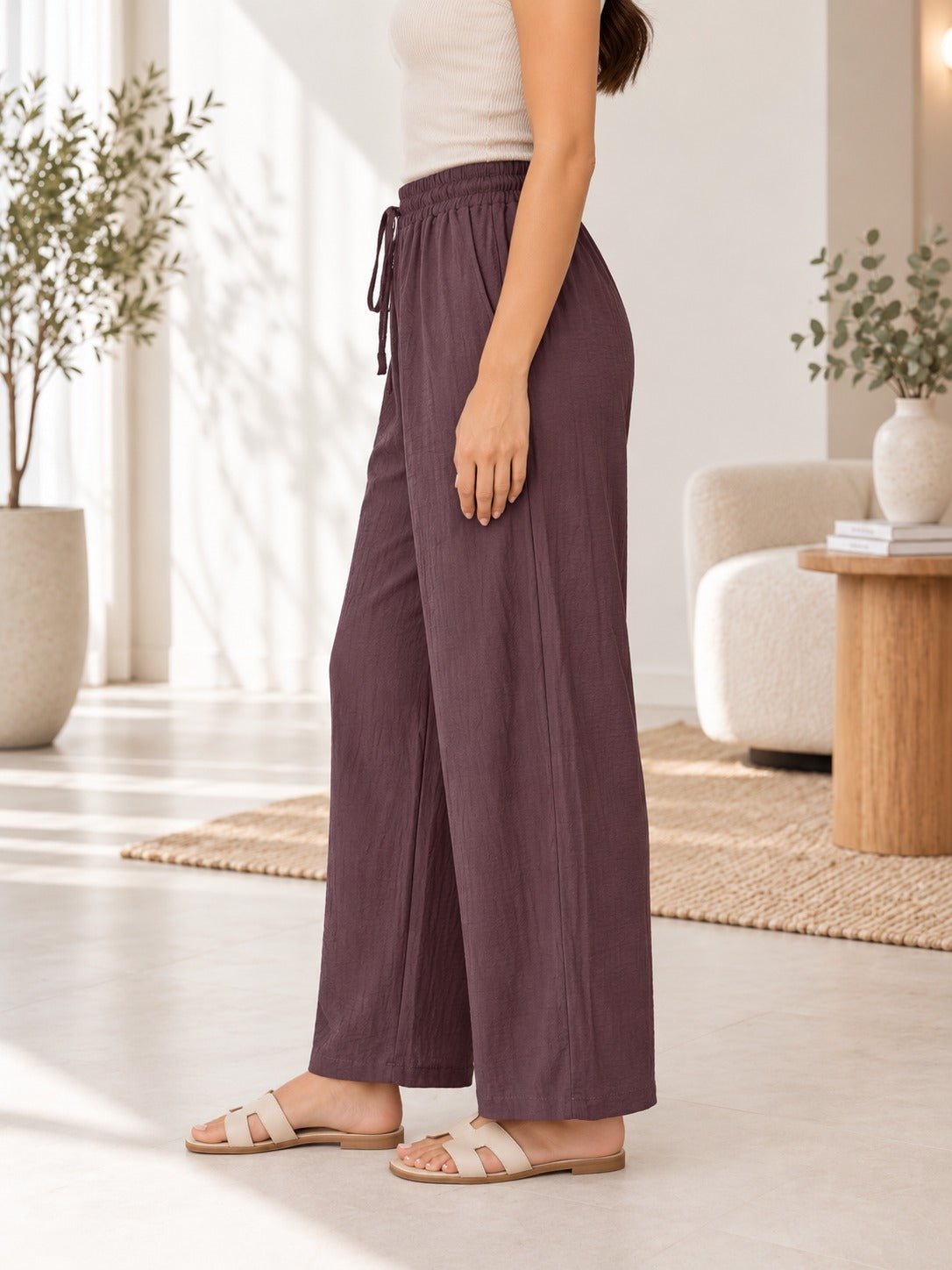 Ladies Brown Wide Leg Drawstring Pocket Pants - StylePhase SA